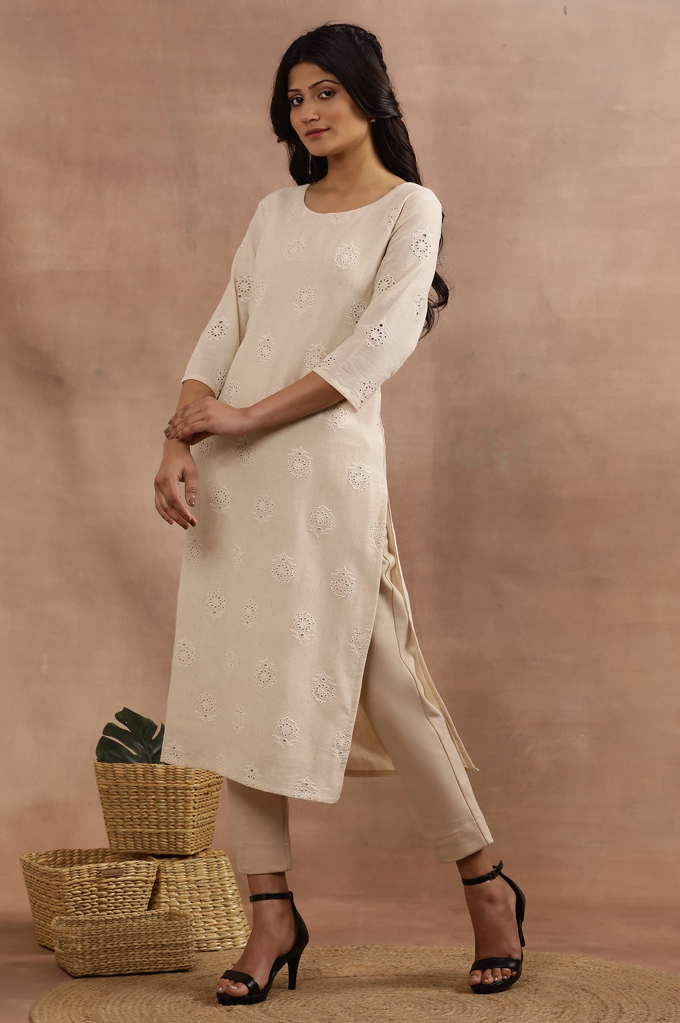 Beige Cotton Schiffli Straight Kurta