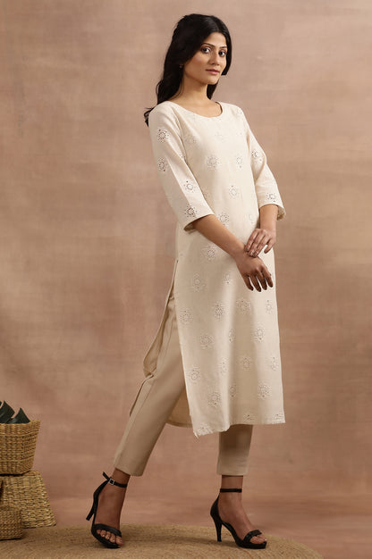 Beige Cotton Schiffli Straight Kurta