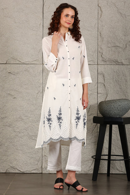 White Thread Embroidered Shirt Collar Cotton Blend Kurta