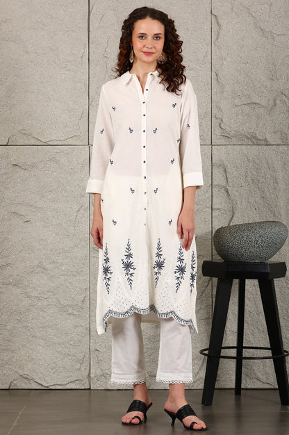 White Thread Embroidered Shirt Collar Cotton Blend Kurta