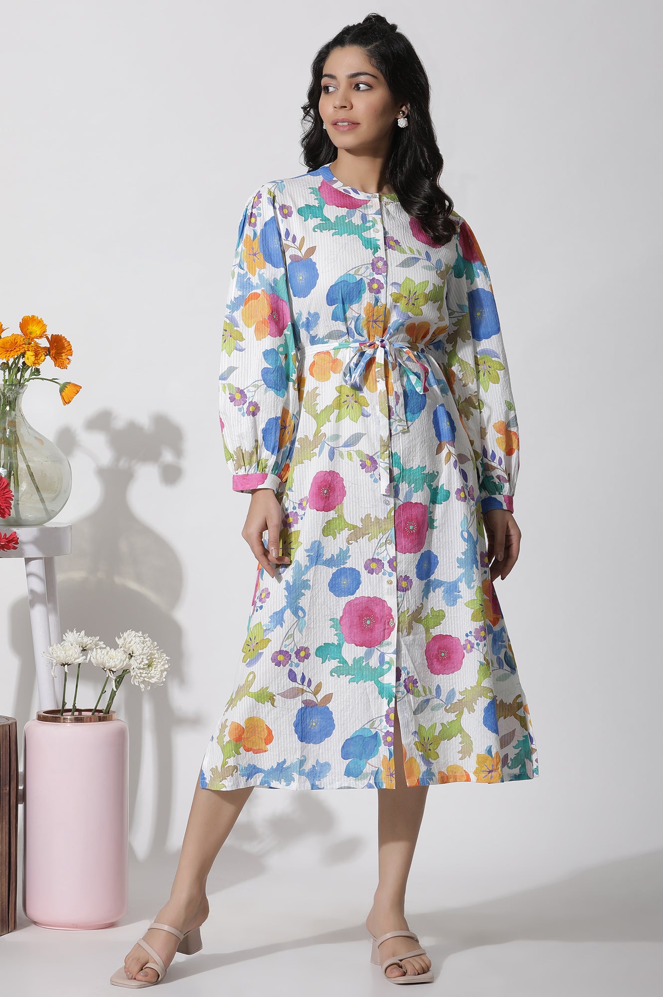 White Floral Printed Cotton Shirt Dress