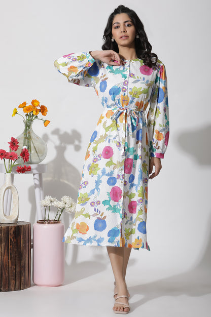 White Floral Printed Cotton Shirt Dress