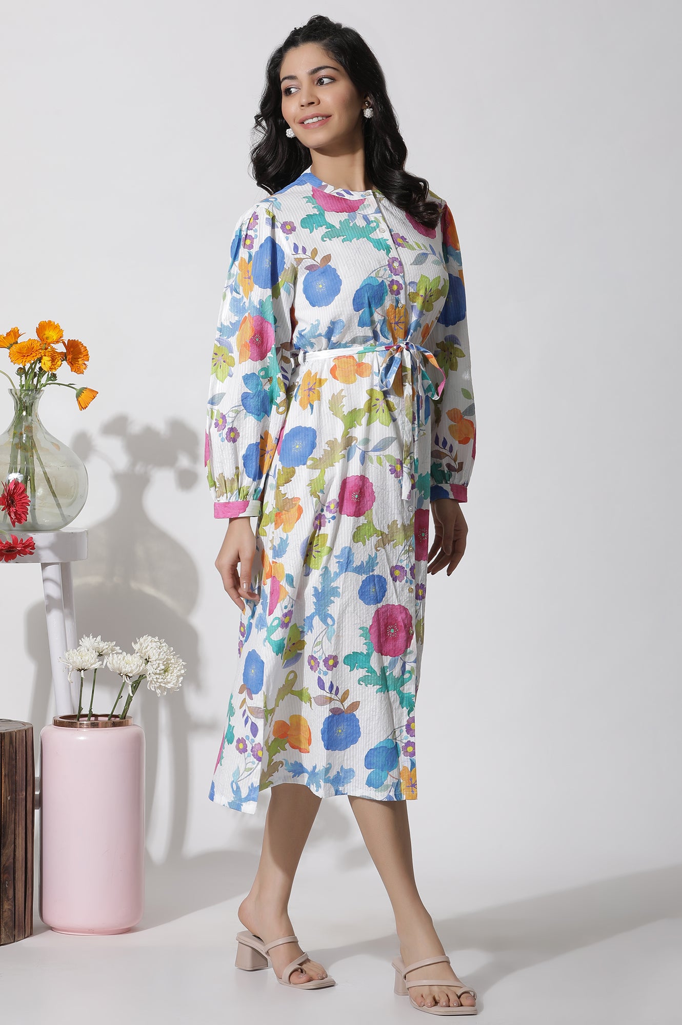 White Floral Printed Cotton Shirt Dress