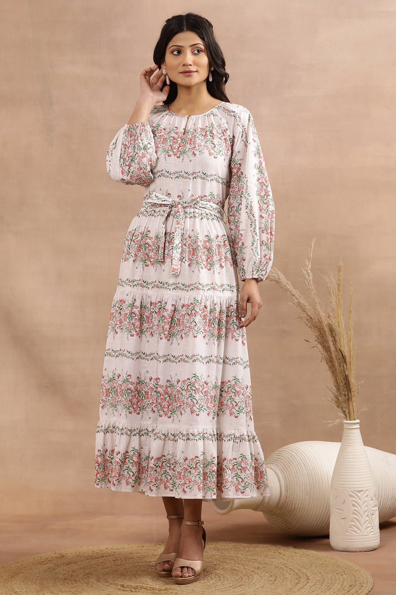 White Floral Printed Long Tiered Dress