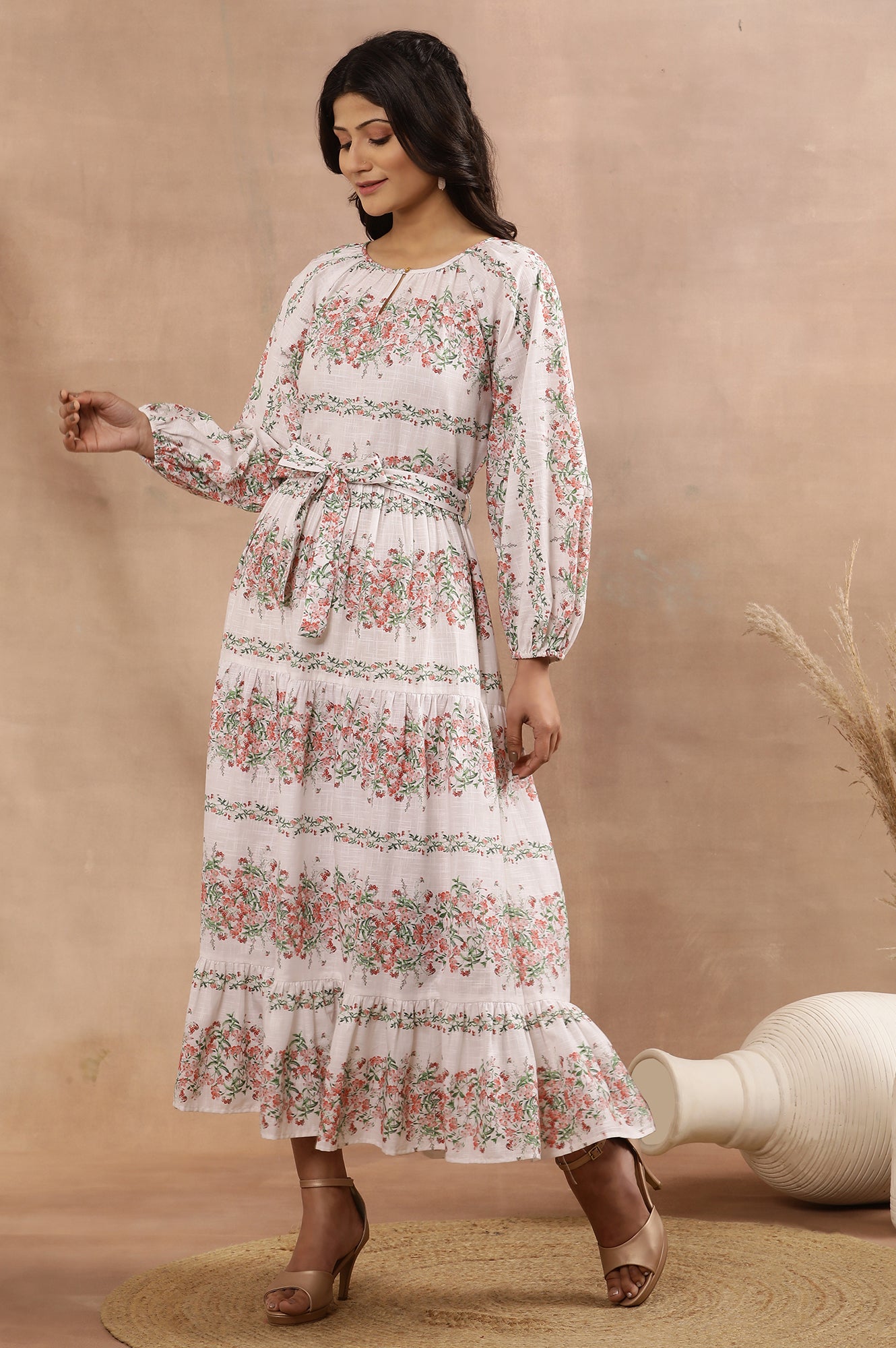 White Floral Printed Long Tiered Dress