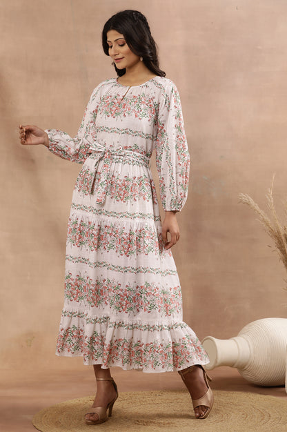 White Floral Printed Long Tiered Dress