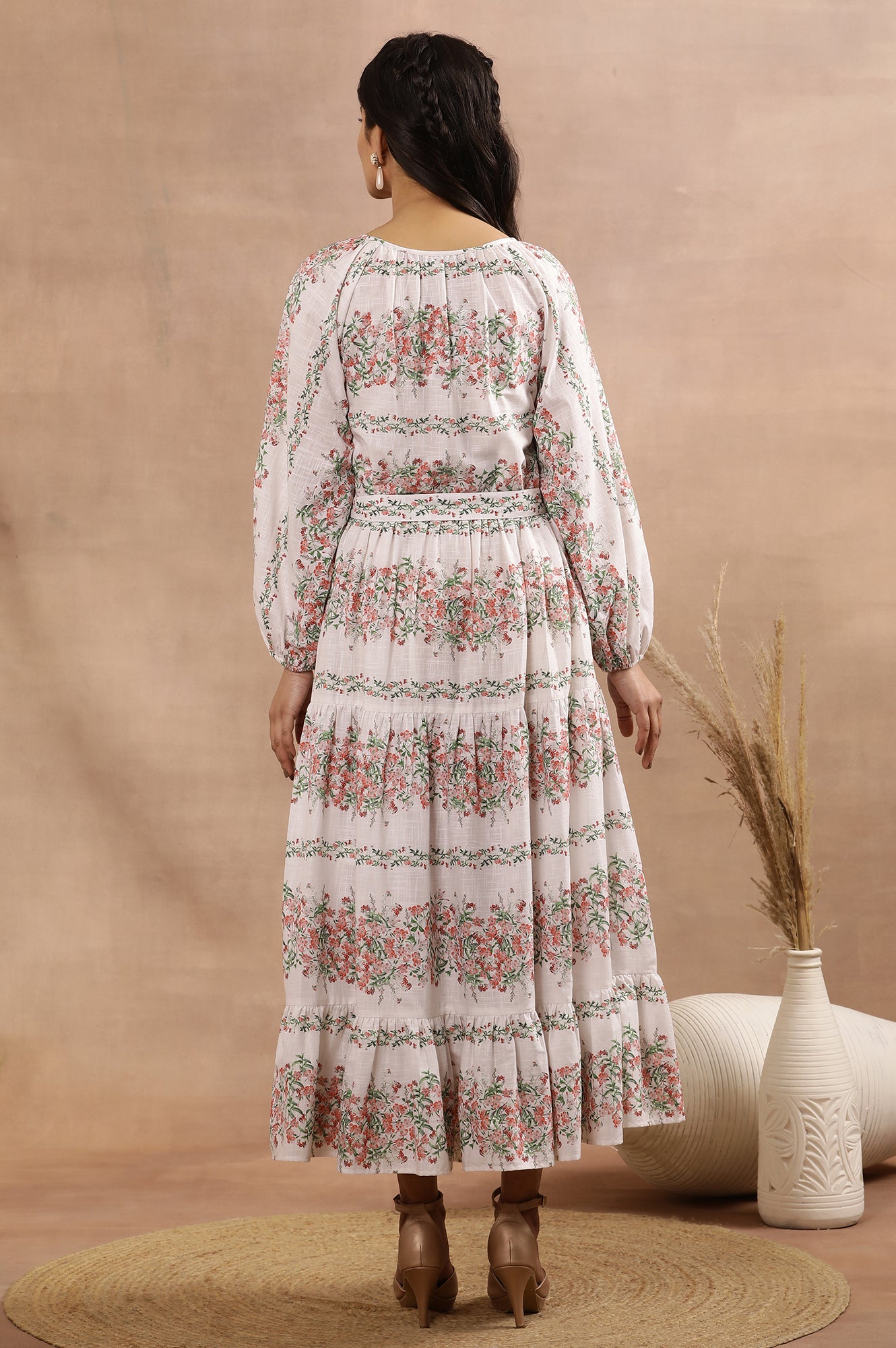 White Floral Printed Long Tiered Dress