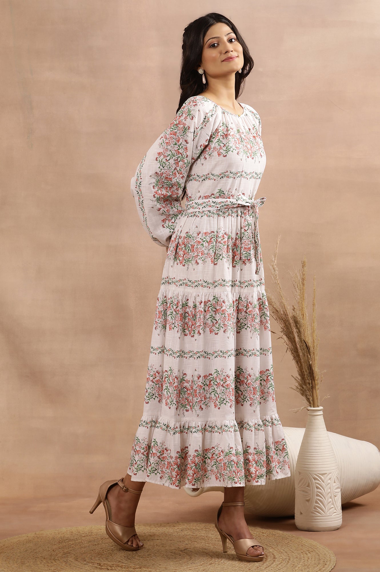 White Floral Printed Long Tiered Dress