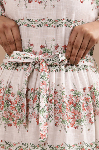 White Floral Printed Long Tiered Dress