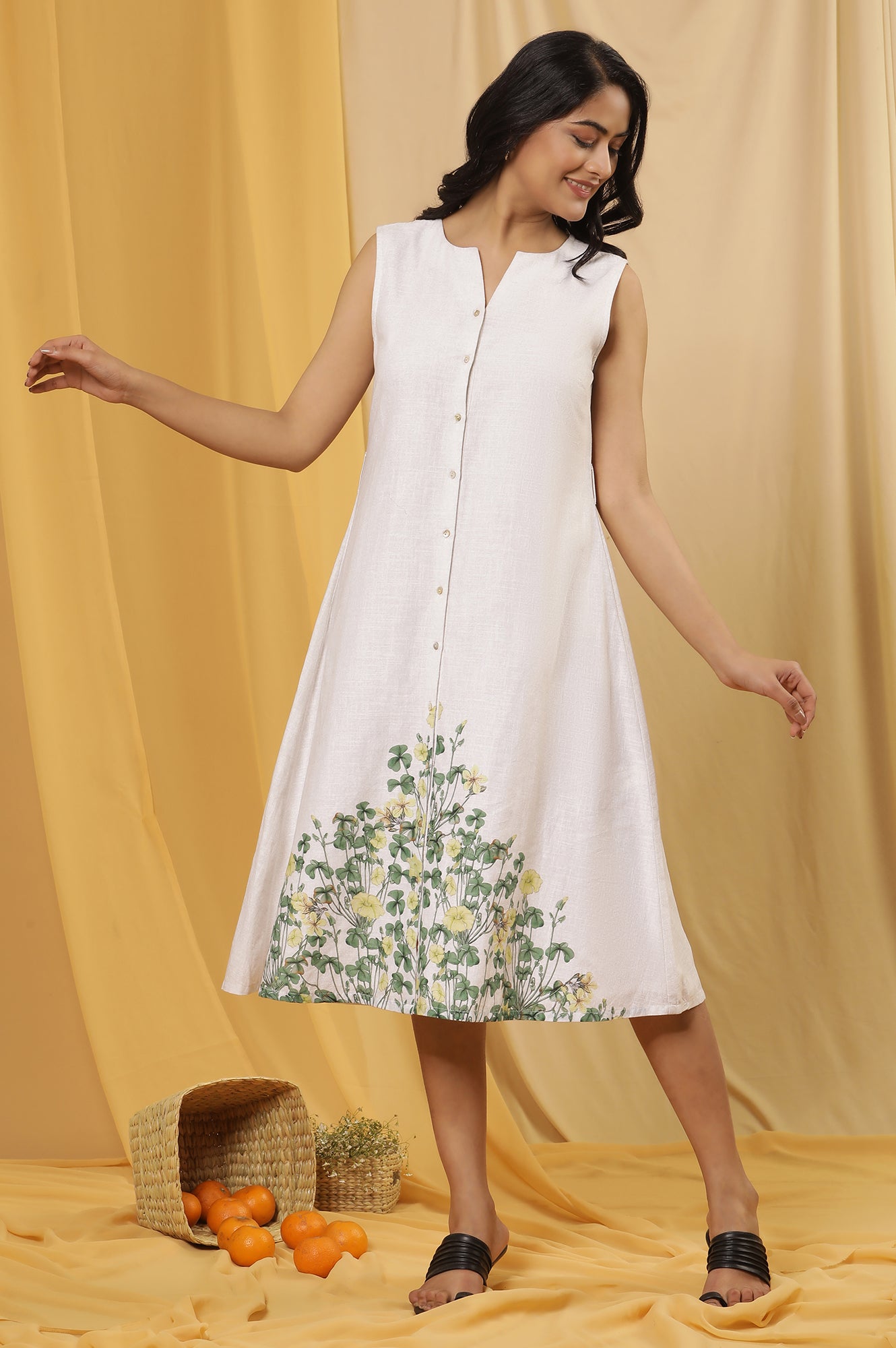 White Floral Printed A-Line Sleeveless Dress