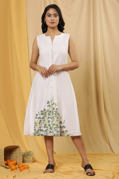 White Floral Printed A-Line Sleeveless Dress