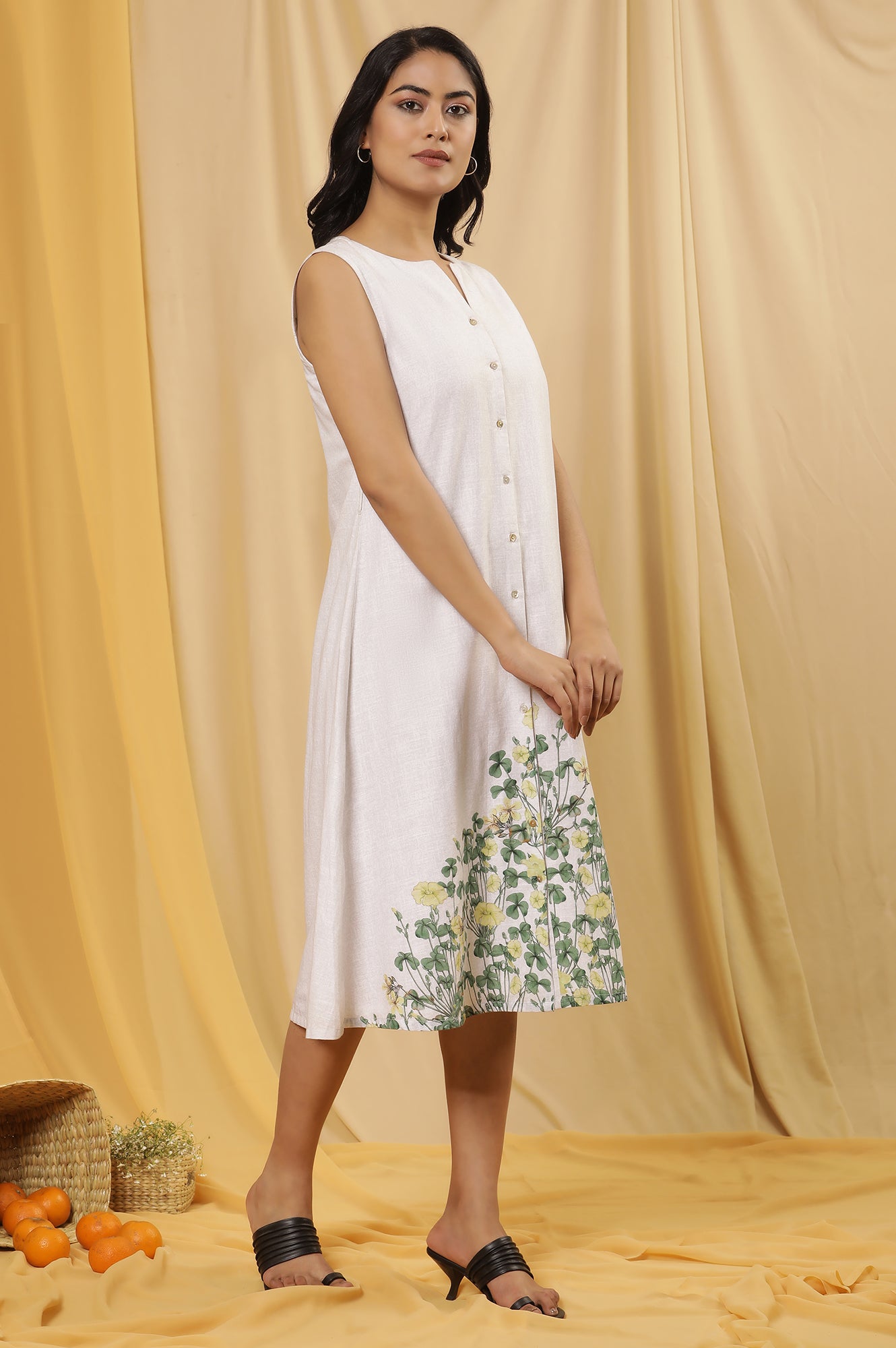 White Floral Printed A-Line Sleeveless Dress