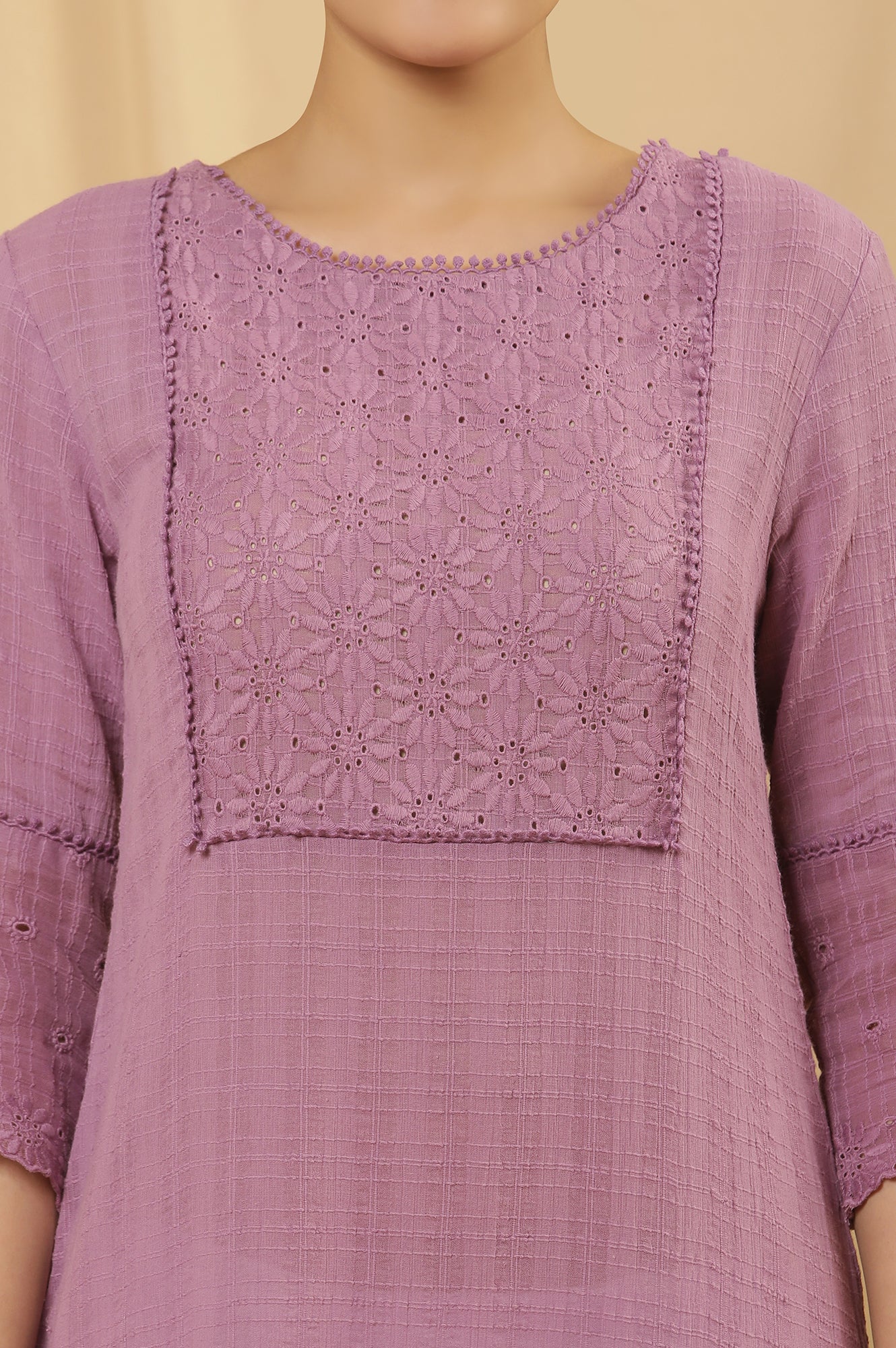 Purple Cotton Textured Embroidered Kurta