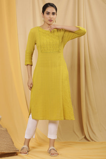 Celery Yellow Cotton Textured Embroidered Kurta