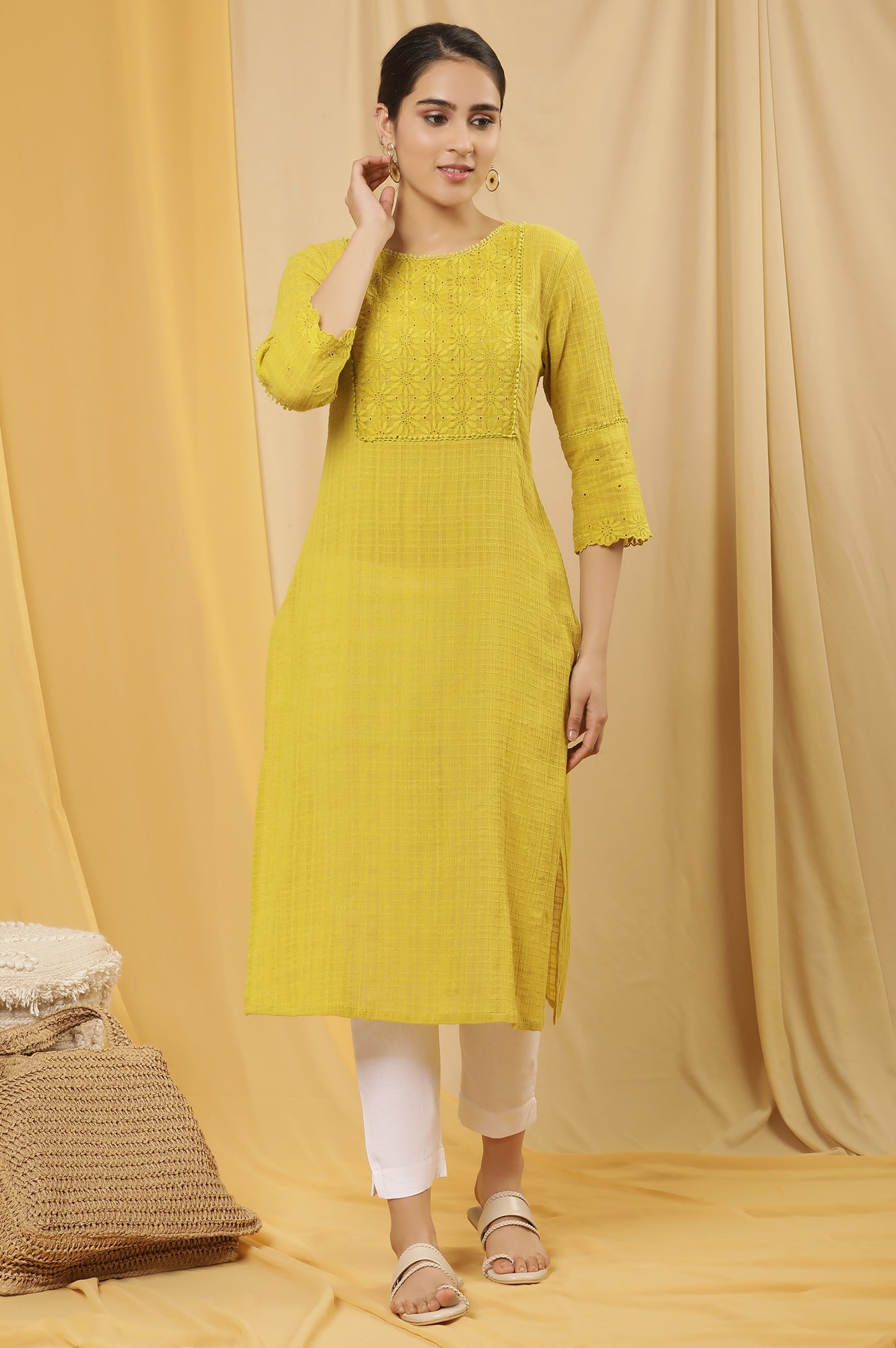 Celery Yellow Cotton Textured Embroidered Kurta