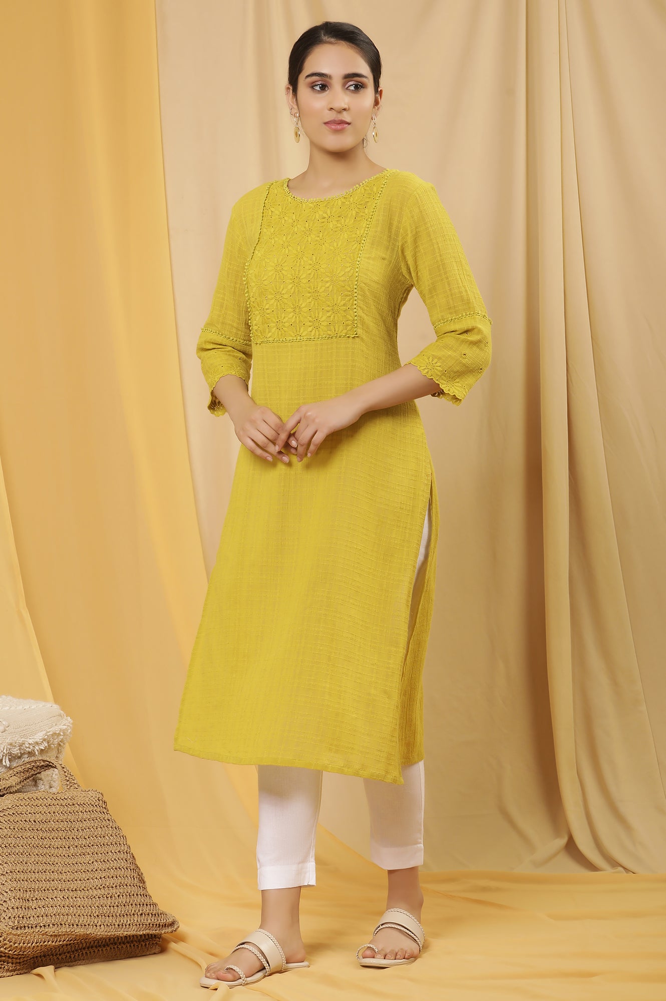 Celery Yellow Cotton Textured Embroidered Kurta