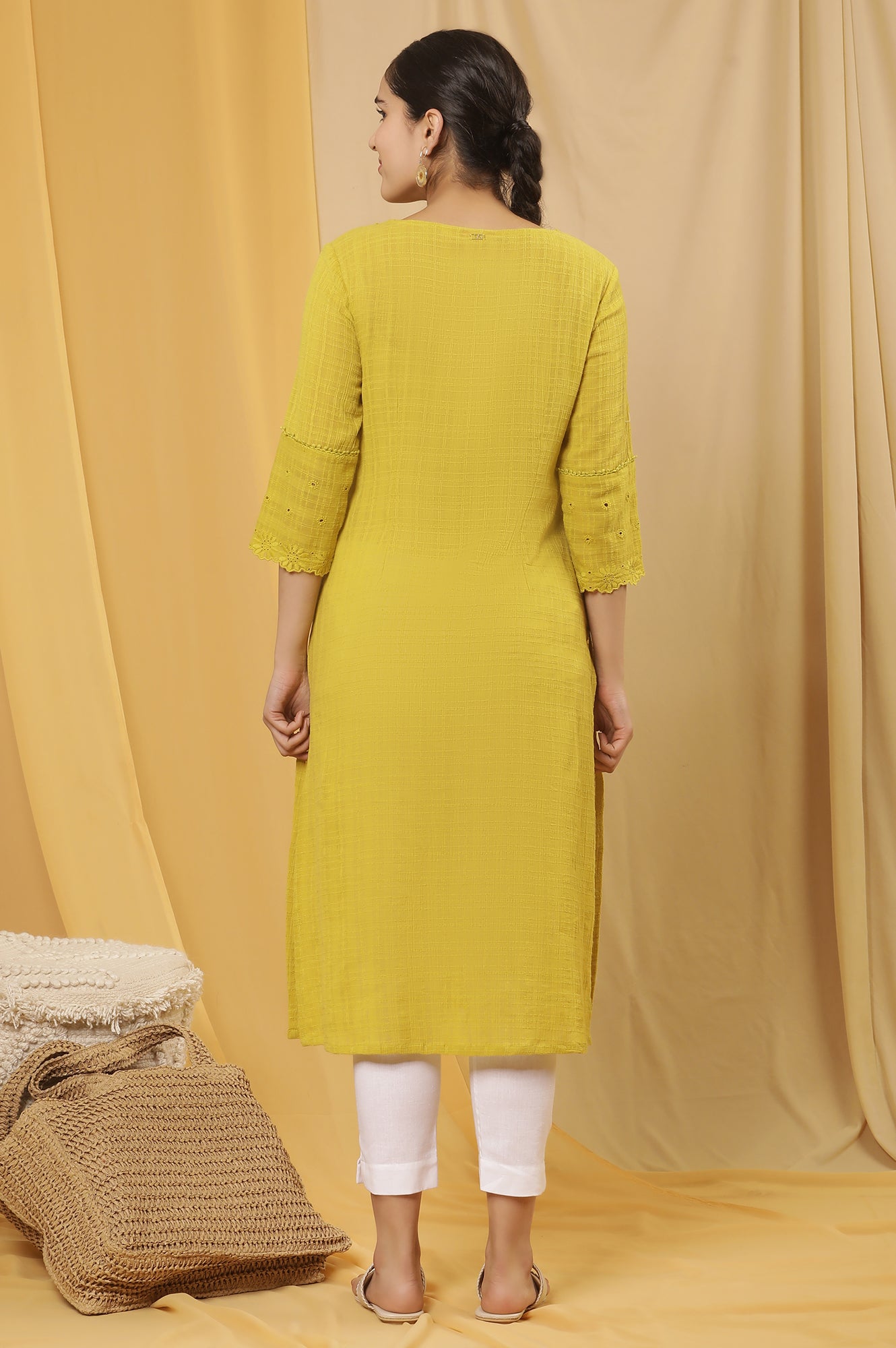 Celery Yellow Cotton Textured Embroidered Kurta