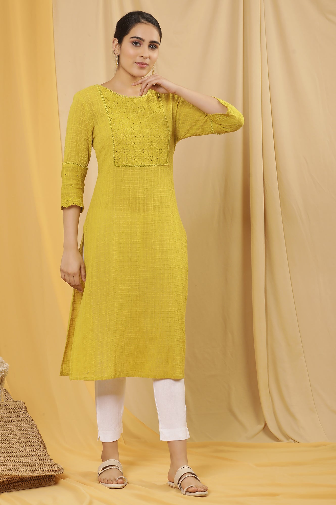 Celery Yellow Cotton Textured Embroidered Kurta