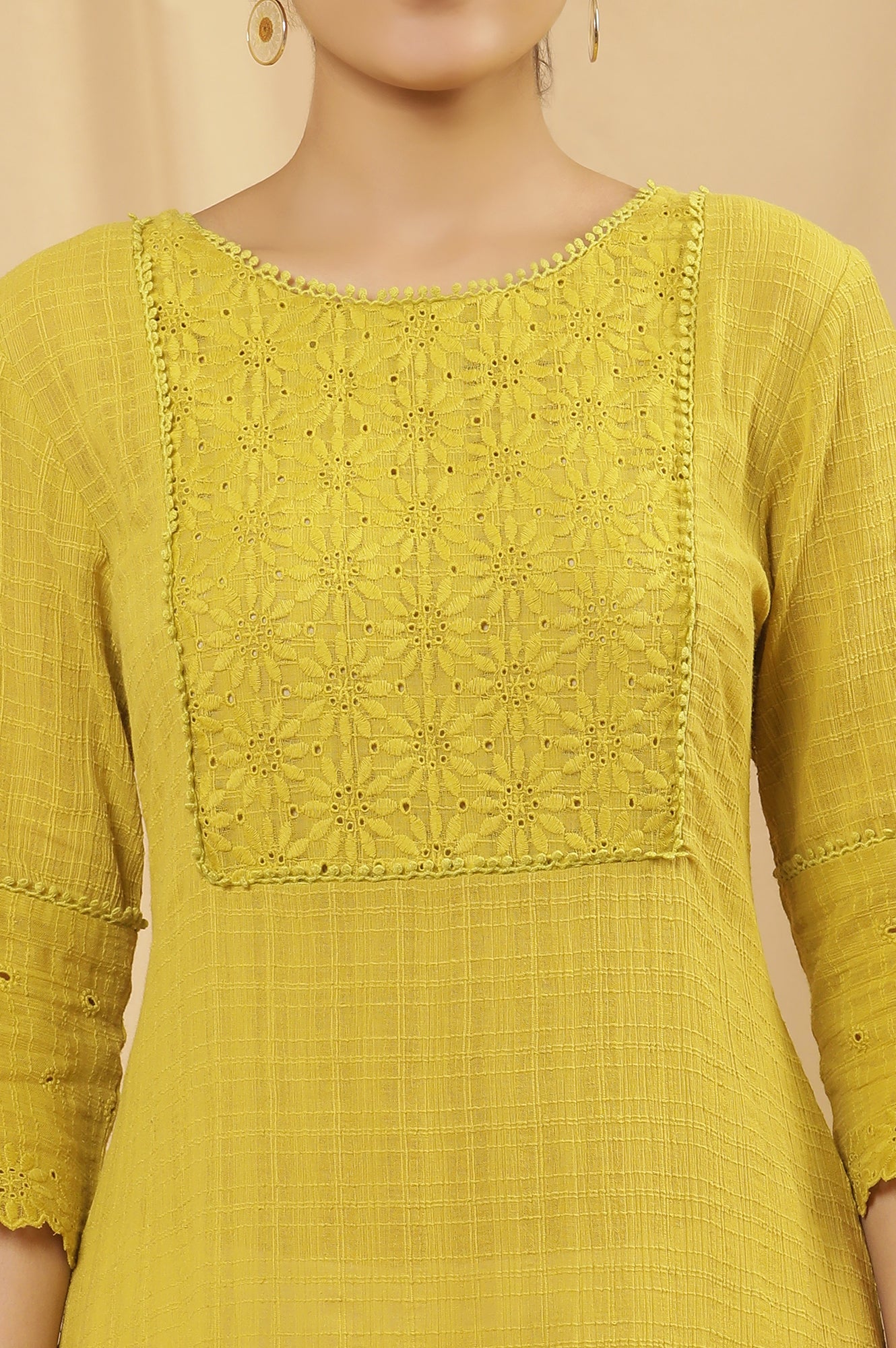 Celery Yellow Cotton Textured Embroidered Kurta