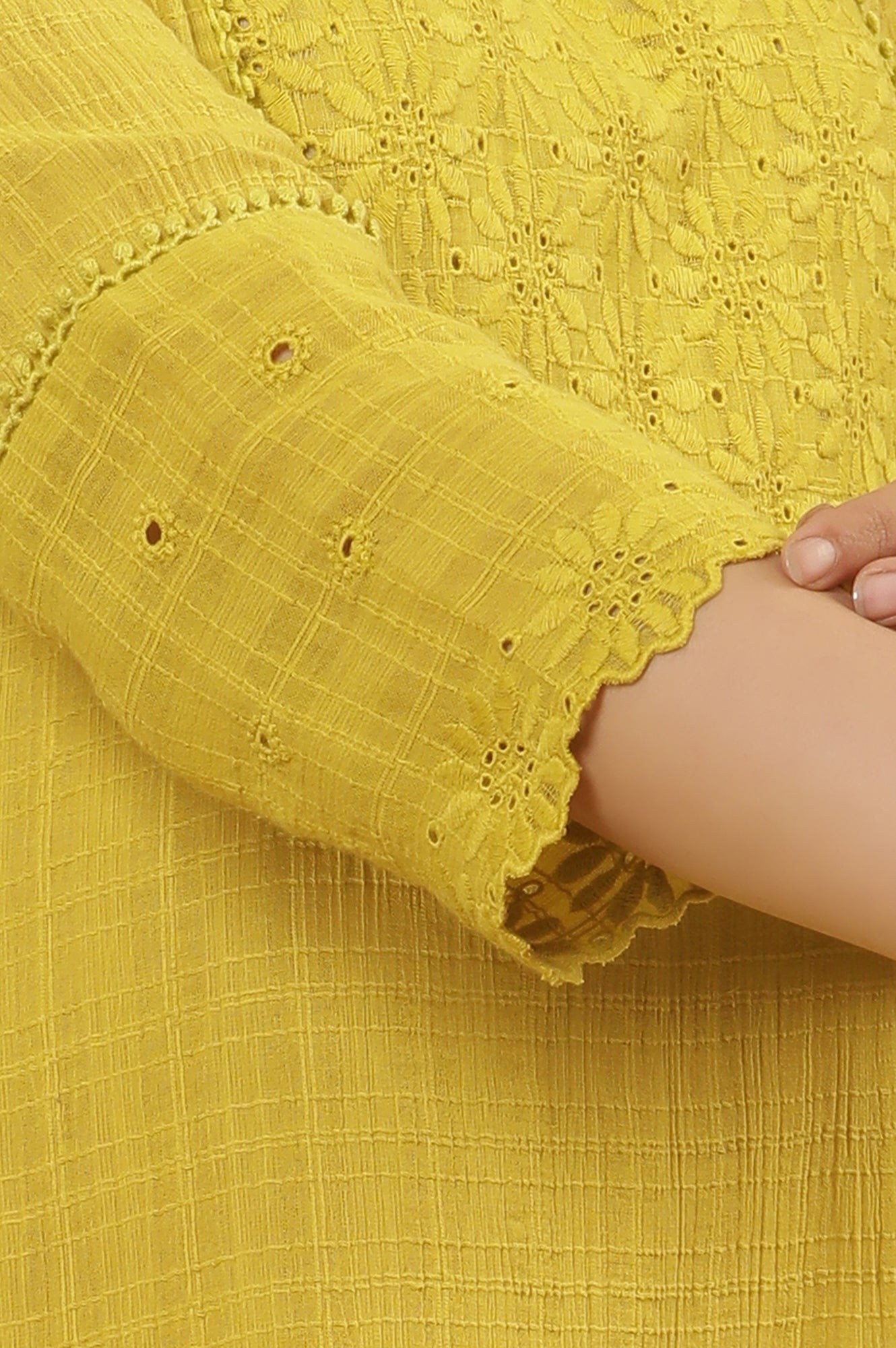 Celery Yellow Cotton Textured Embroidered Kurta