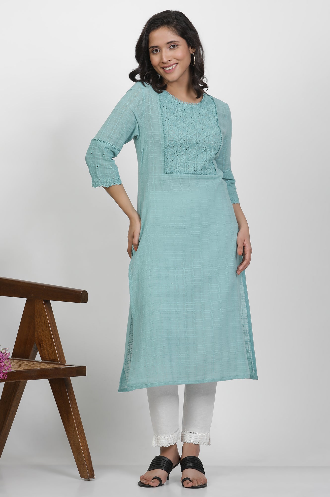 Blue Cotton Kurta With Schiffli Yoke