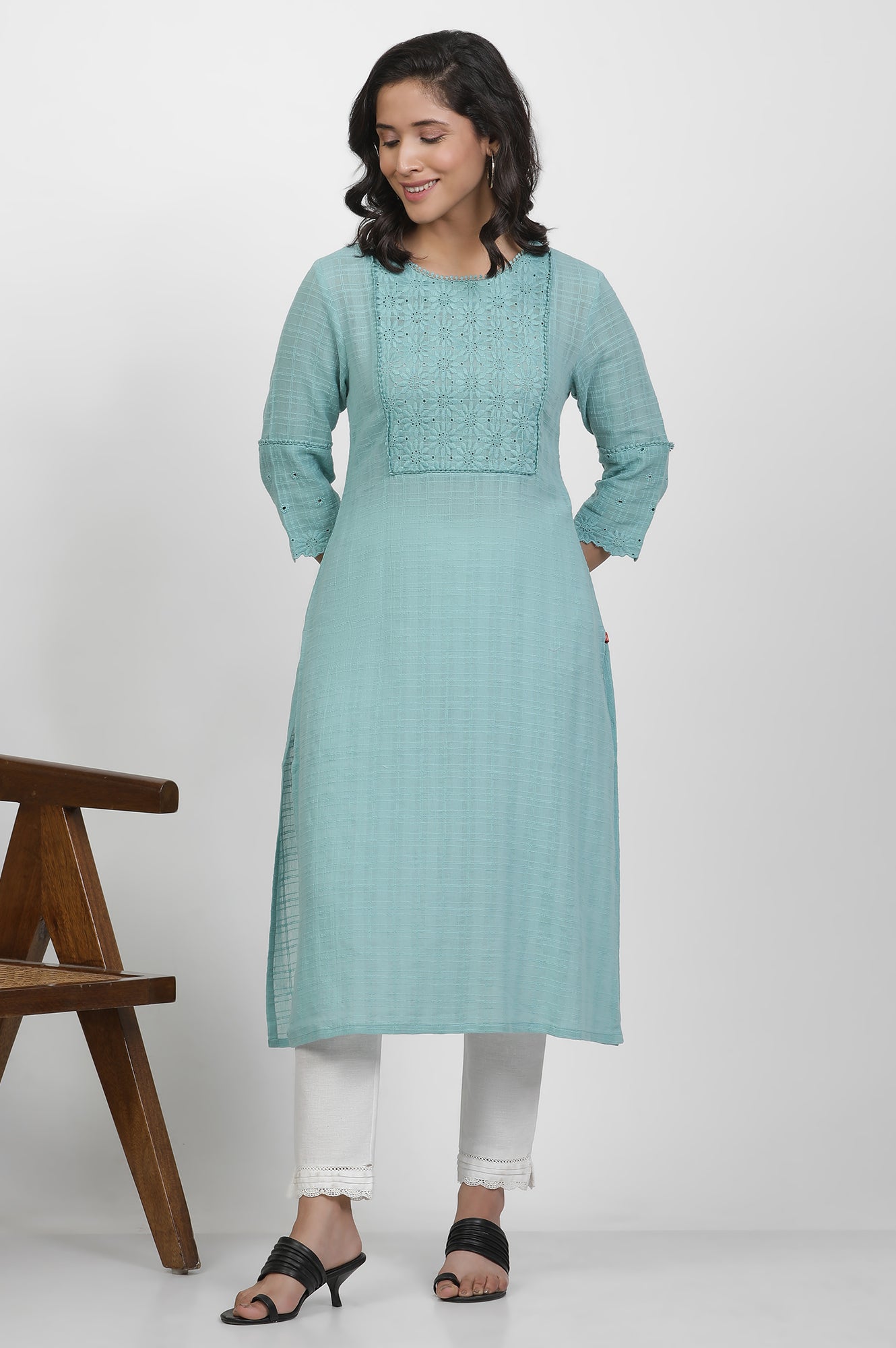 Blue Cotton Kurta With Schiffli Yoke