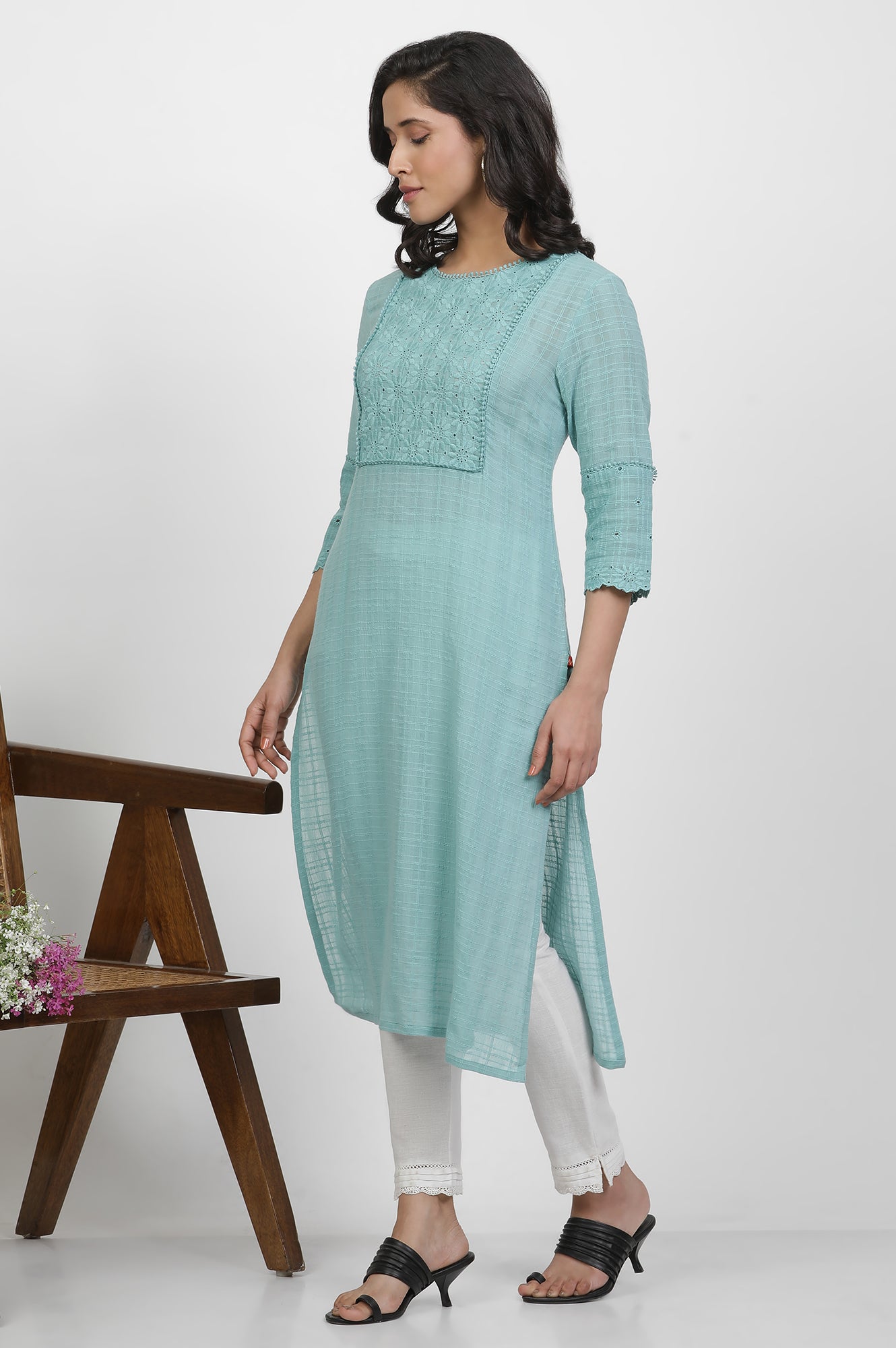 Blue Cotton Kurta With Schiffli Yoke