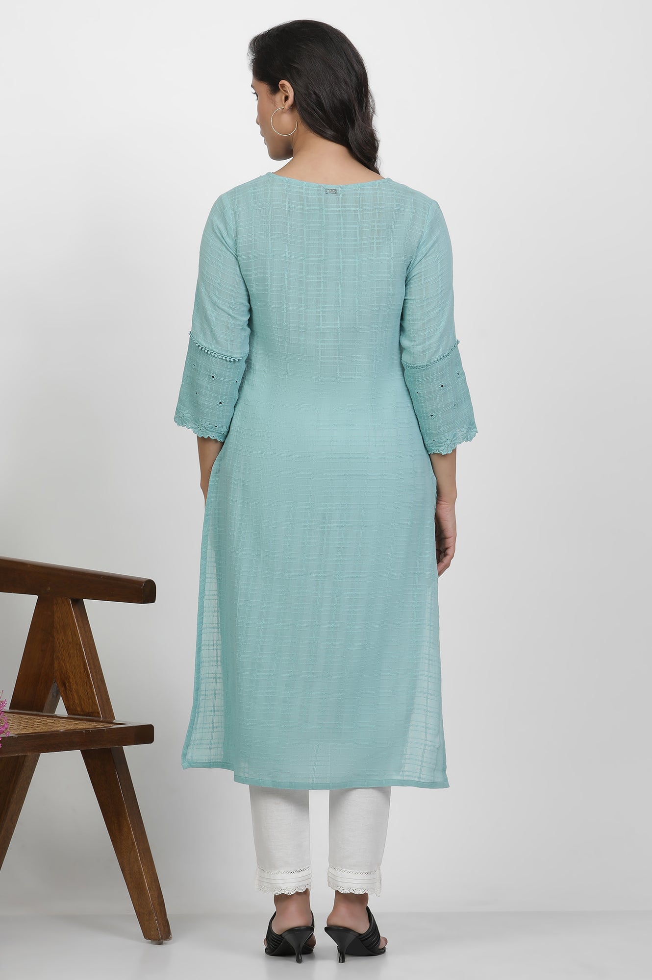 Blue Cotton Kurta With Schiffli Yoke