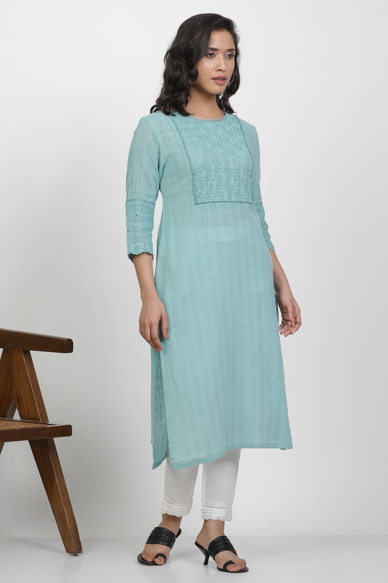 Blue Cotton Kurta With Schiffli Yoke