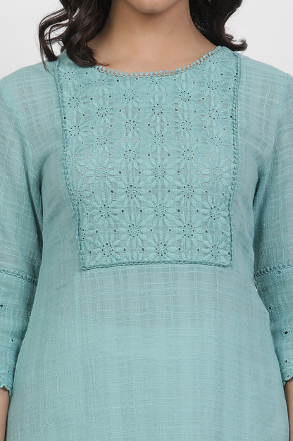 Blue Cotton Kurta With Schiffli Yoke