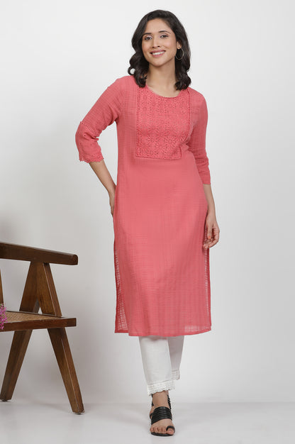 Pink Cotton Kurta With Schiffli Yoke