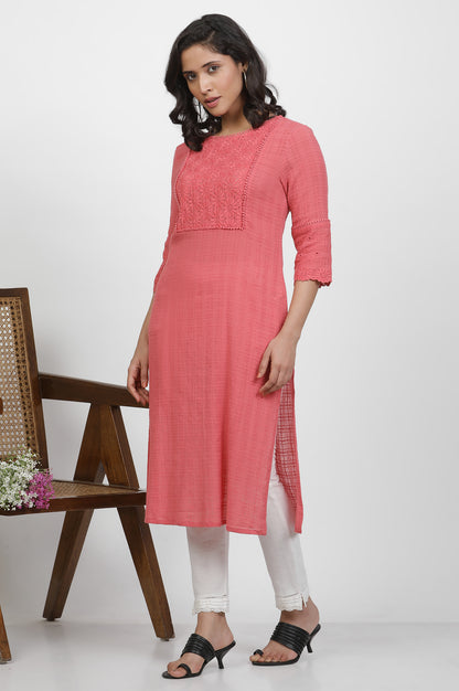 Pink Cotton Kurta With Schiffli Yoke