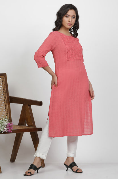 Pink Cotton Kurta With Schiffli Yoke