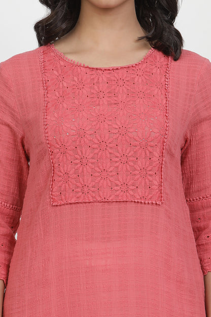 Pink Cotton Kurta With Schiffli Yoke