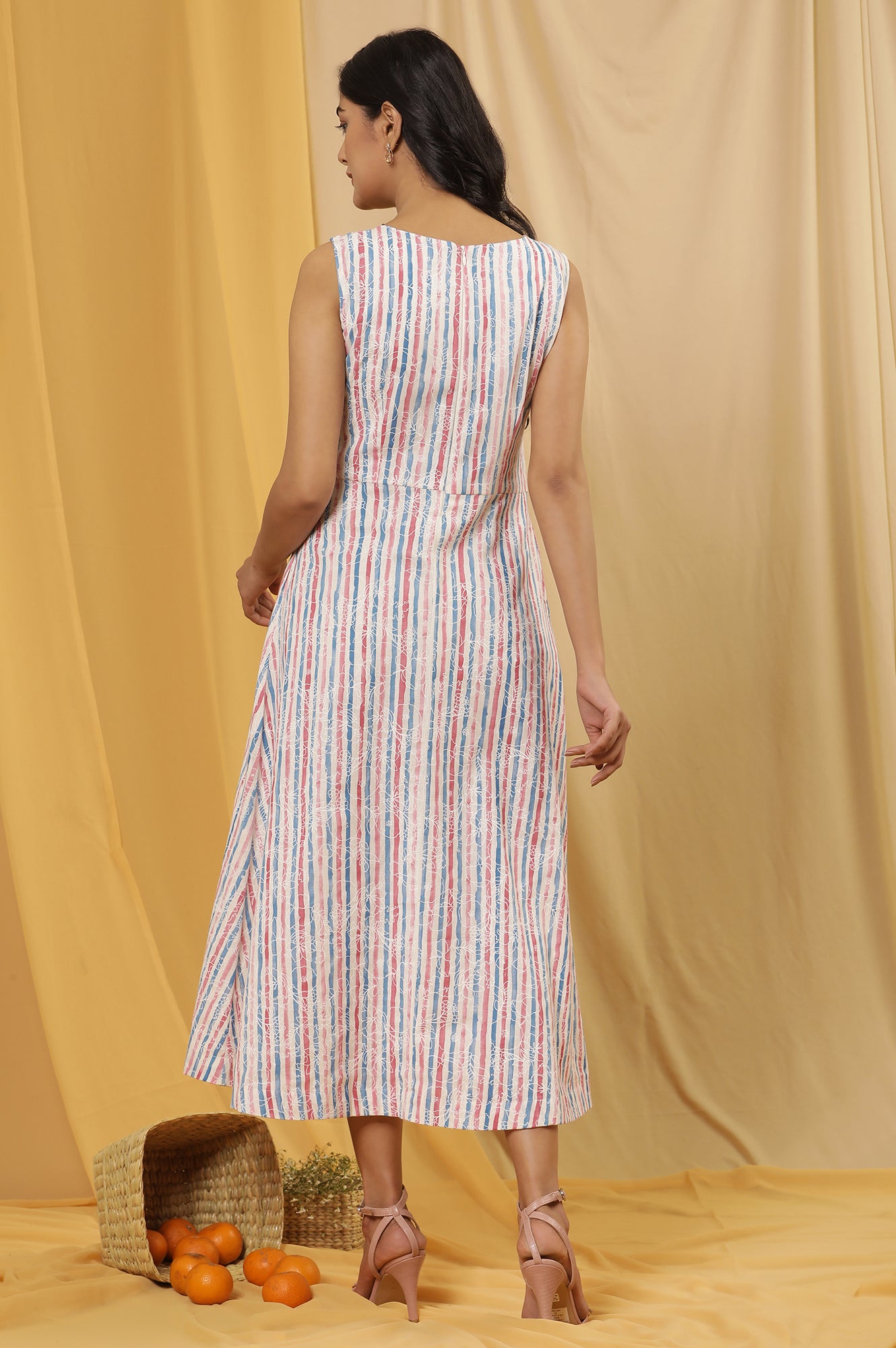 White Sleeveless Western Dress With Multi-Coloured Stripes