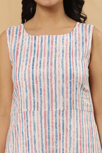 White Sleeveless Western Dress With Multi-Coloured Stripes