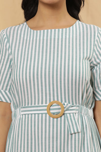 Green And White Yarn Dyed Stripe Dress