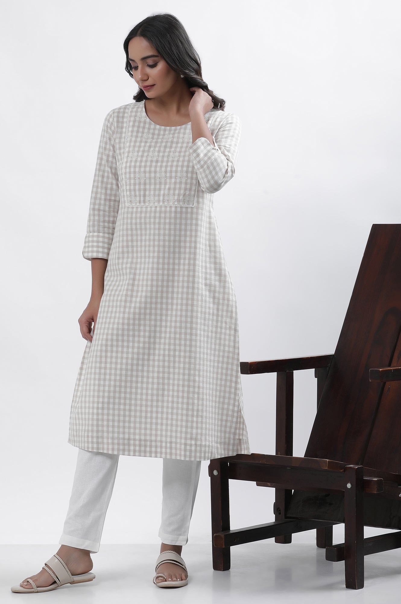 White Checker Embroidered Kurta