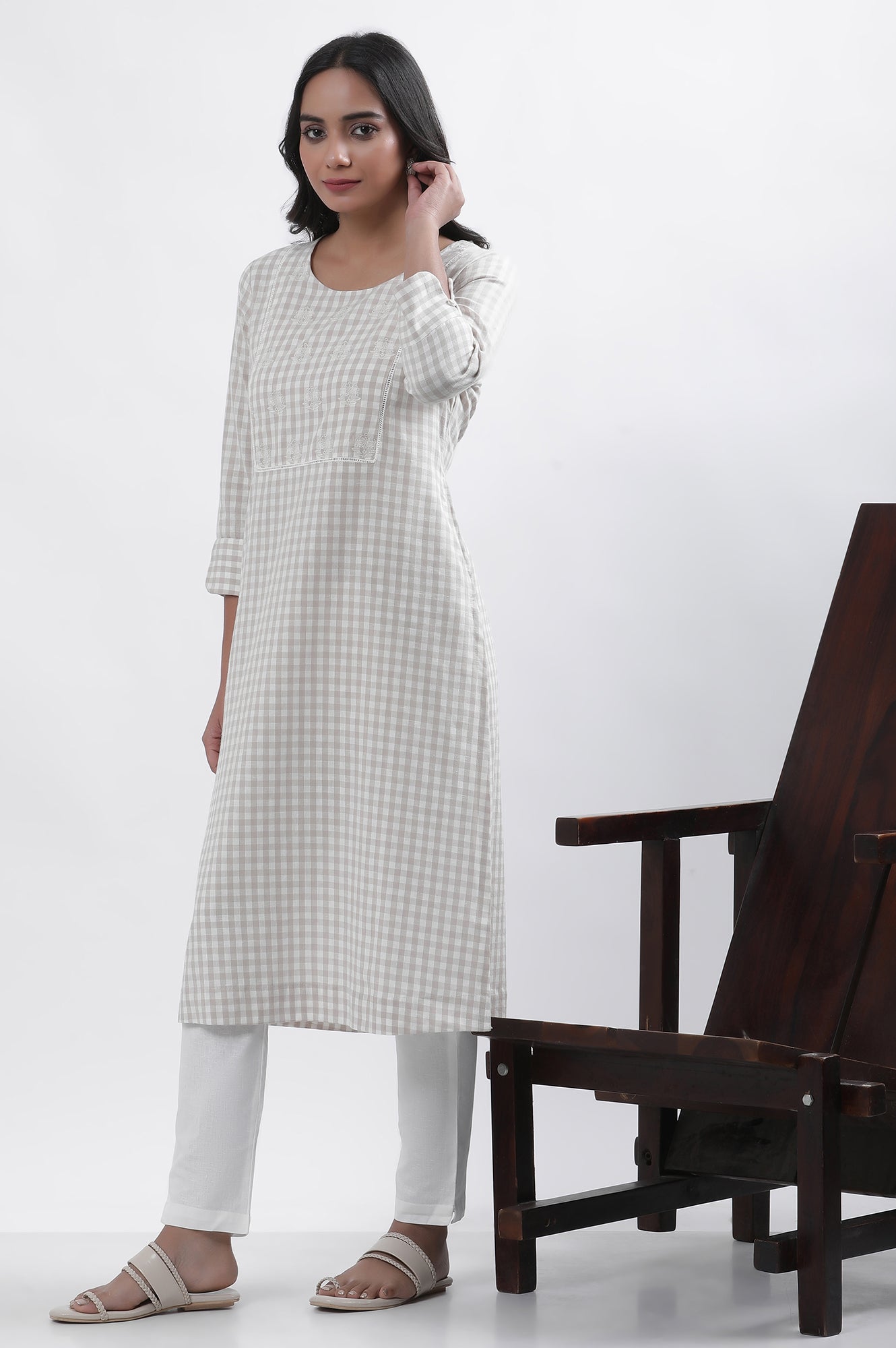 White Checker Embroidered Kurta