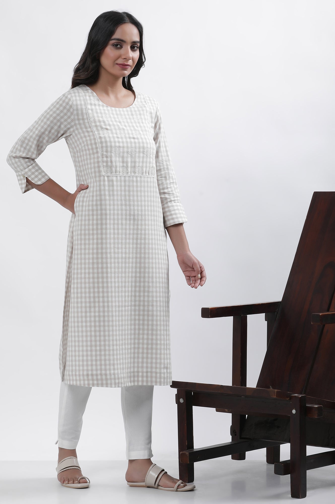 White Checker Embroidered Kurta