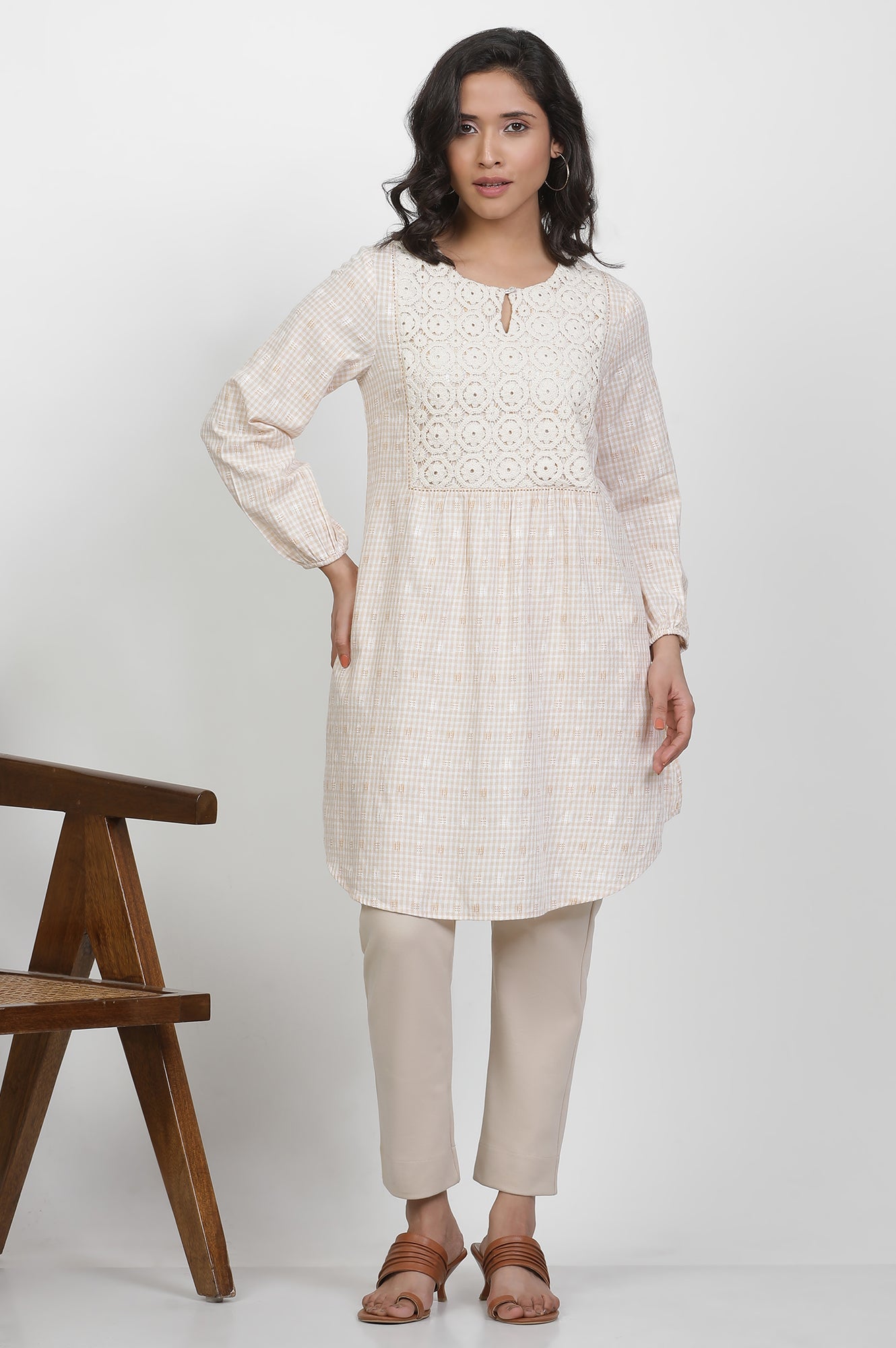 Buy Beige Yarn Dyed Checked Tunic With Crochet Yoke @ 2599 | W for ...