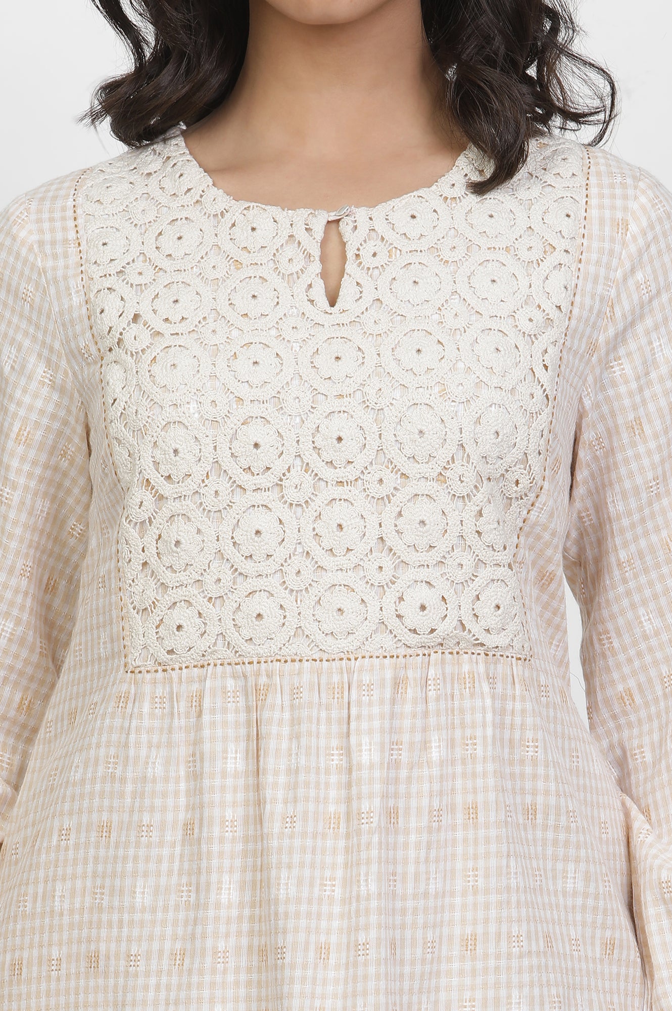 Beige Yarn Dyed Checked Tunic With Crochet Yoke