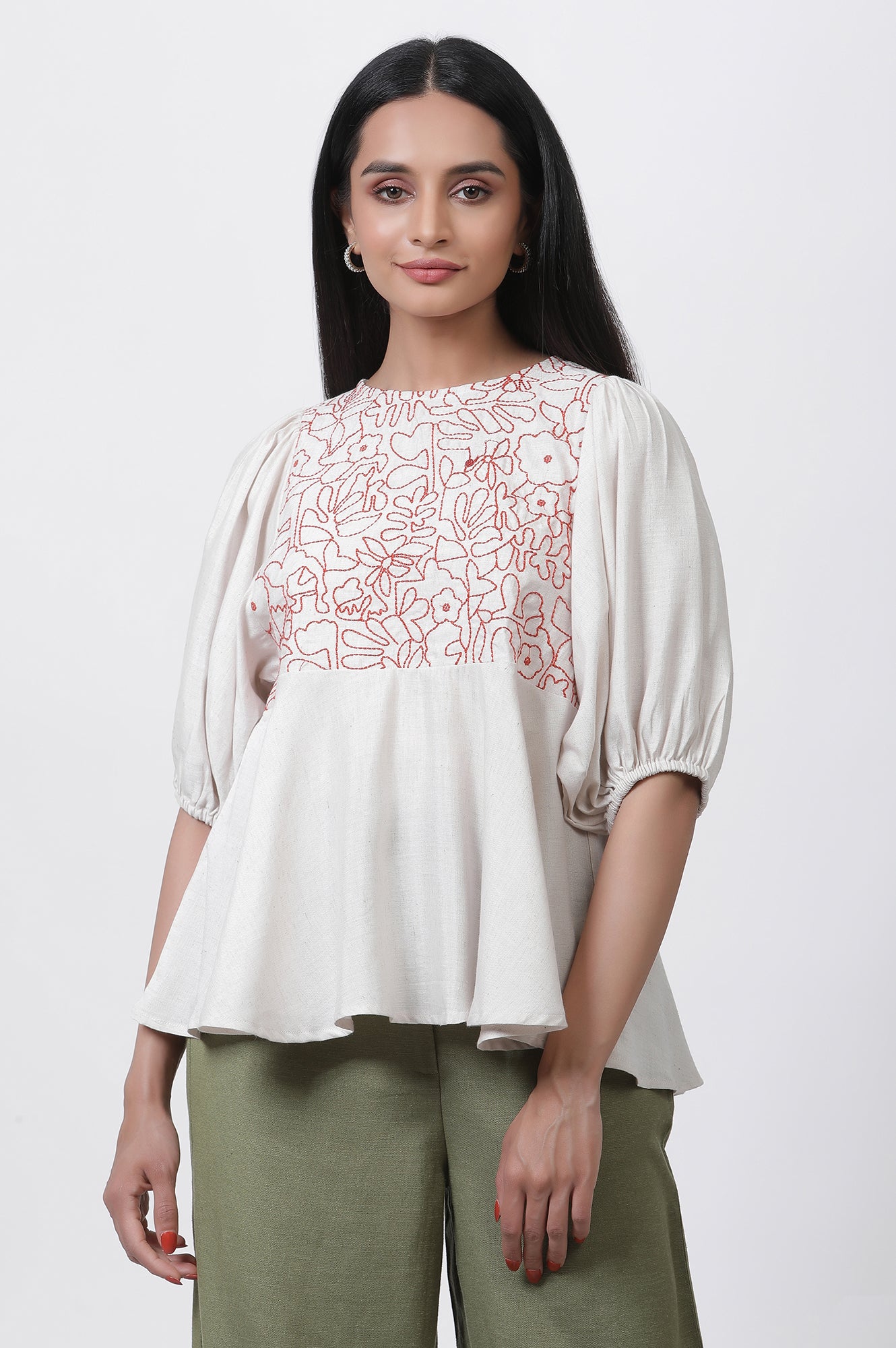 White Thread Embroidered Peplum Top