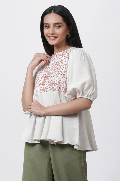 White Thread Embroidered Peplum Top