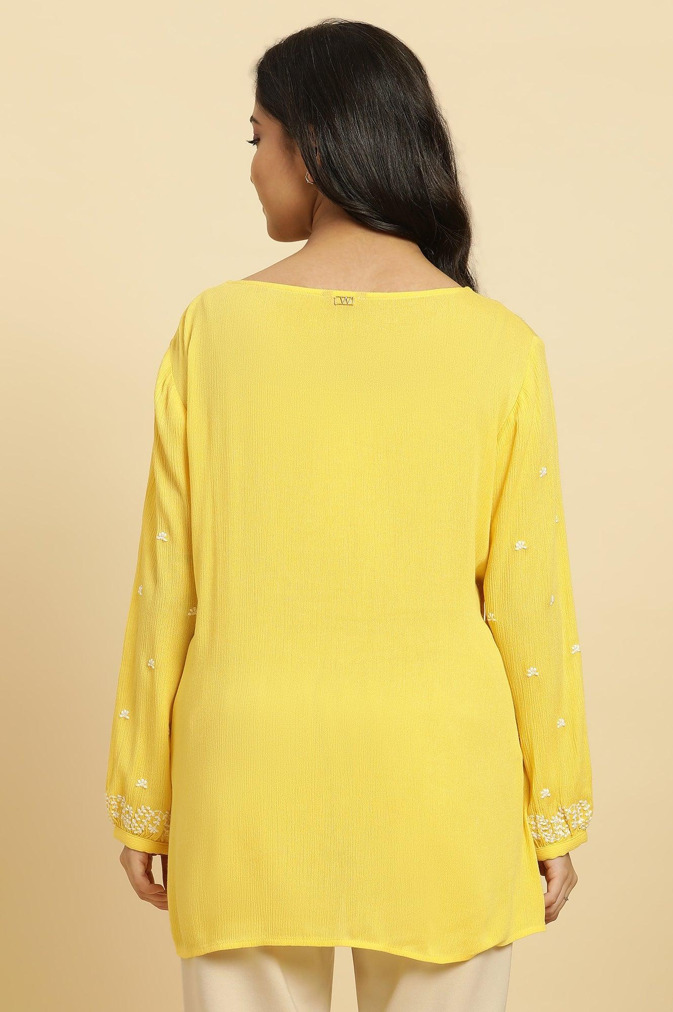 Yellow Summer Top With White Floral Embroidery - wforwoman