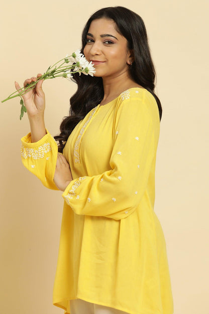 Yellow Summer Top With White Floral Embroidery - wforwoman