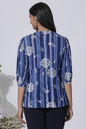 Blue Floral Printed Top With Lace