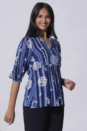 Blue Floral Printed Top With Lace