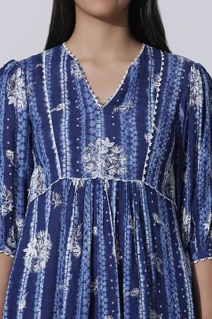 Blue Floral Printed Top With Lace