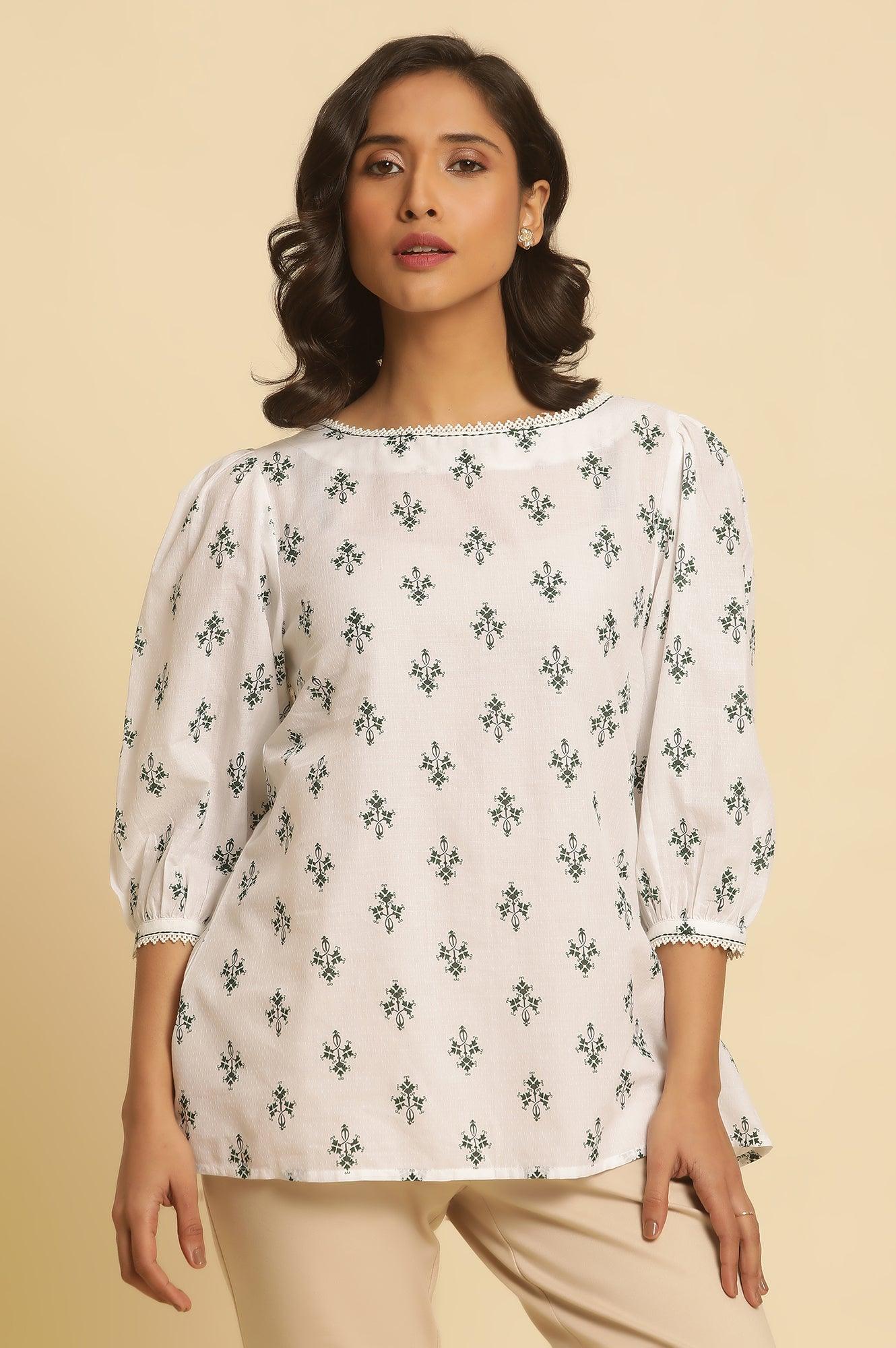 White Printed Top Wit Lace And Puffed Sleeves - wforwoman